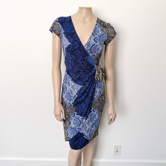 [Cache] Blue Brown Faux Wrap V-Neck Paisley Knot Waist Dress Work Size Small S - Picture 1 of 10